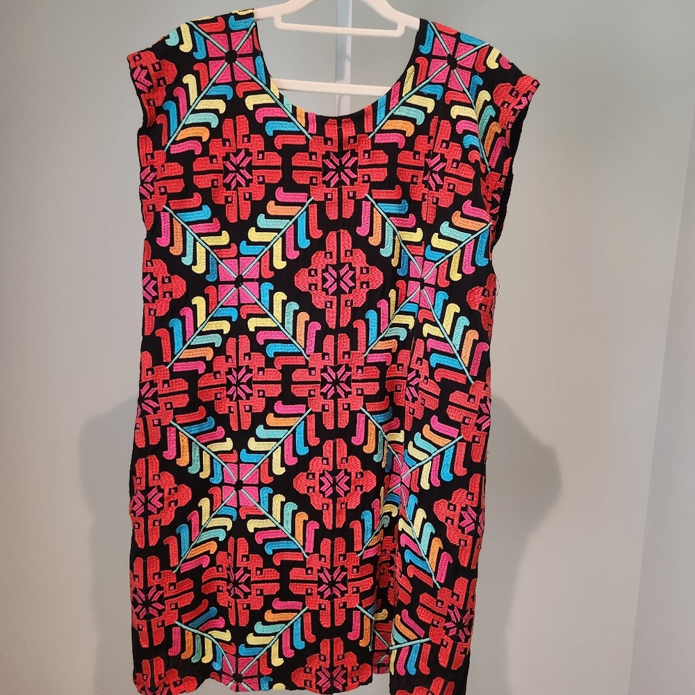 J.Marie Embroidered Shift Dress Vacation Resortwear Bright Mexico Geometric Sz S - Picture 5 of 12